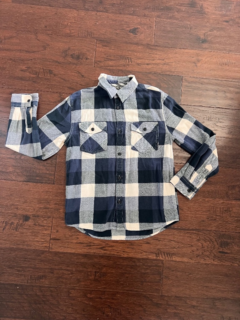 Vans Boys XL Long Sleeve Plaid Flannel Shirt Blue Cream Button Down
